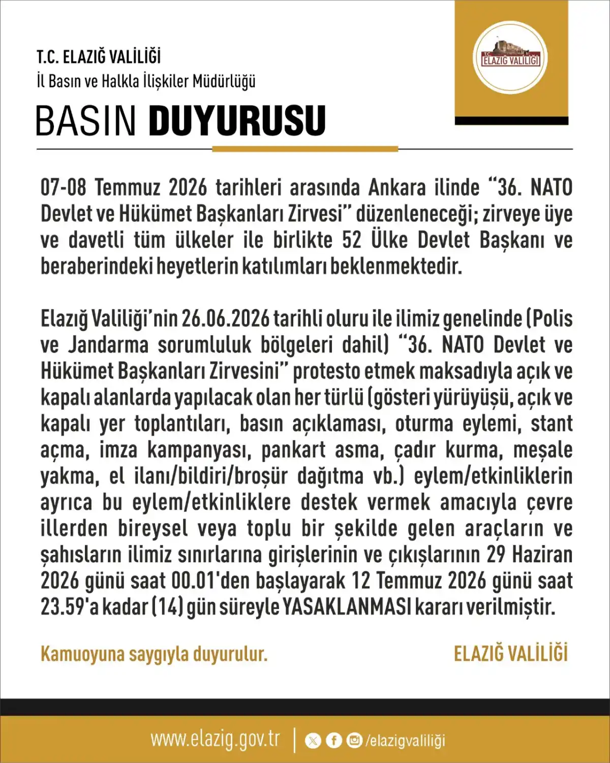 Elazığ’da NATO Zirvesi Güvenliği İçin 14 Günlük Eylem ve Etkinlik Yasağı